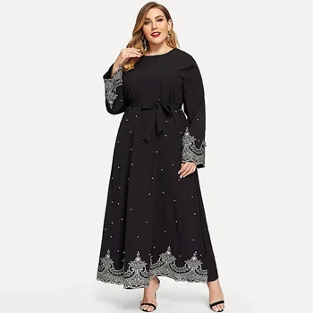 5XL Plus Veľkosť Moslimských Abaya Šaty tureckých Žien Oblečenie Výšivky Lištovanie Dlhý Rukáv Šaty Maxi Šaty, Marockej arabčine