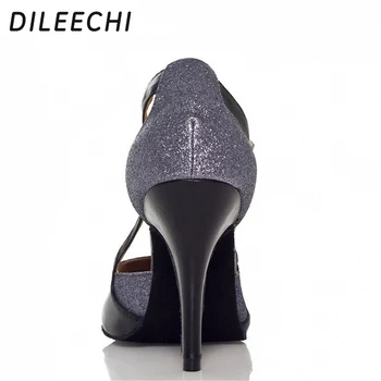 DILEECHI značky latinské Tanečné Topánky Dámy čierna sivá koža sequined na Vysokom Opätku 10 cm vysokým podpätkom Spoločenský tanec topánky