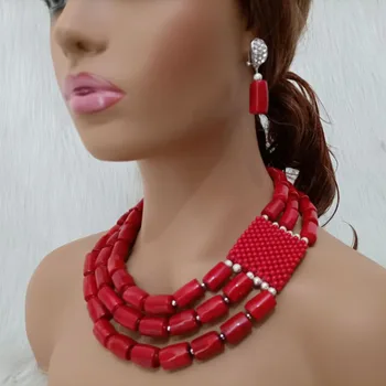 DUDO Obchod Červený Korál Korálky Náhrdelník 3 Vrstvy Afriky Svadobné Šperky Set S Náušnice a Náramok Módne Šperky Tradičné
