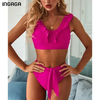 INGAGA Vysoký Pás Sexy Bikiny Prehrabať Plavky Ženy Červená V-späť Biquini Obväz Luk Plavky dámske Nové 2021 Letné plážové oblečenie