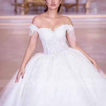 Luxusné Korálkové Čipky Svadobné Šaty Nádherné Mimo Ramenný Tylu Svadobné Svadobné Šaty Milú Princezná Svadobné Šaty 2020