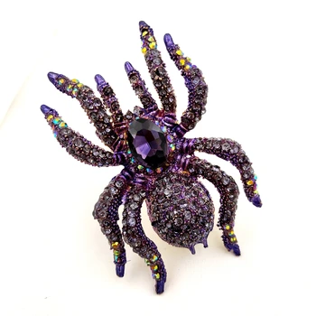 Nádherné AB Prízvuk Nadrozmerná Fialová Drahokamu Spider Brošne Zlatý Tón 8 Legged Nebezpečný Pavúk Pin Halloween Kostým Šperky