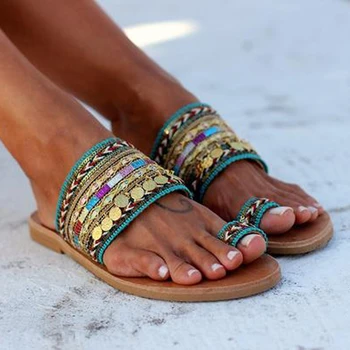 Siddons Nové Etnický Štýl Ženy, Papuče Flip-Flops Boho Pošmyknúť Na Bežné Byty Papuče Dámy Letné Plážové Topánky Chaussures Femme