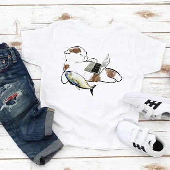 Univerzálny 2020 Letné Baby Boy T Shirt Kawaii Estetické všestranný T-shirt Roztomilé Mačky, Ryby V Ústach Grafické Tričko Футболки