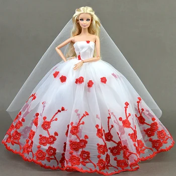 Šaty + Závoj / White & Červený Kvet Čipky Šaty / Svadobné Party Šaty Oblečenie, Oblečenie Pre 1/6 Barbie Xinyi Kurhn FR Bábika